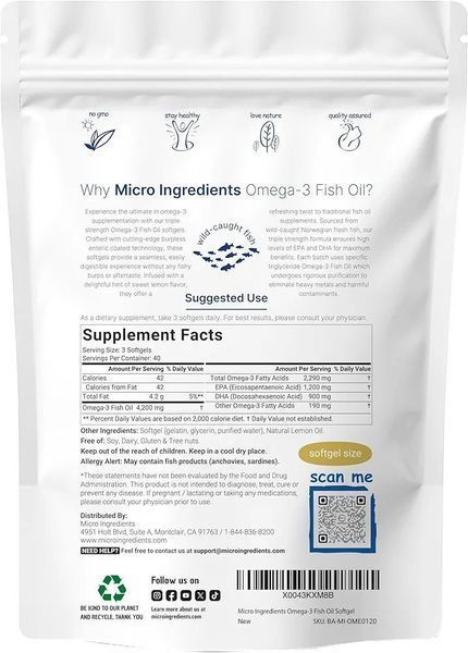 Омега-3 потрійна сила лимон 120 капсул Micro Ingredients 850056167222 фото