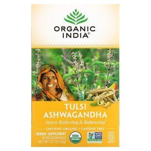 Чай з тулсі ашваганда без кофеїну 18 чайних пакетиків 36 г Organic India 801541514861 фото