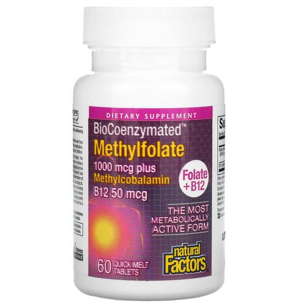 Метилфолат 1000 мкг + Вітамін B12 | 60 таблеток Natural Factors  068958012414 фото